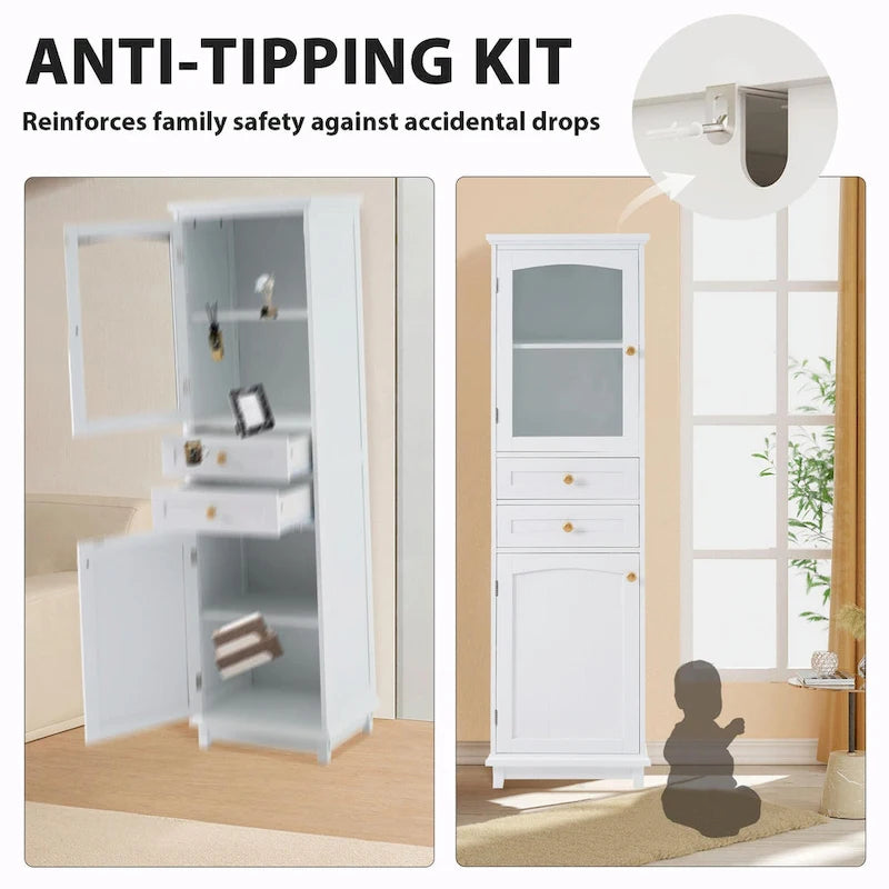 Tall Free-Standing Bathroom Storage Cabinet with Glass Doors and Two Drawers