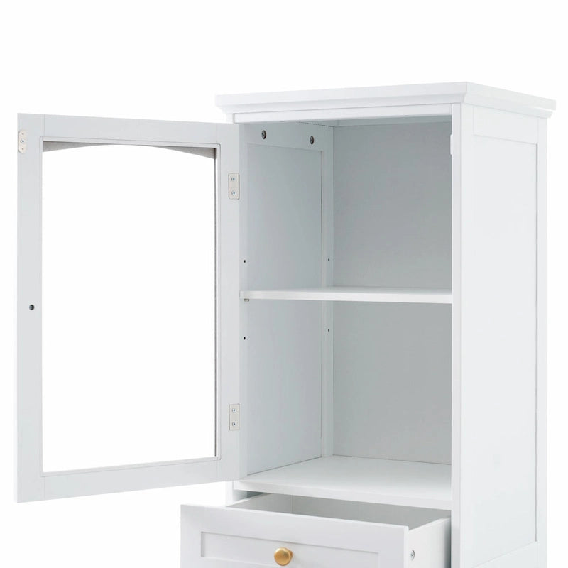 Tall Free-Standing Bathroom Storage Cabinet with Glass Doors and Two Drawers